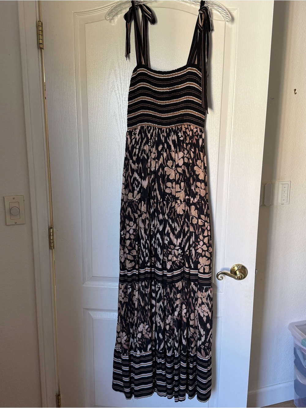 Black and Tan Floral Tiered Maxi Dress with Tie Straps
